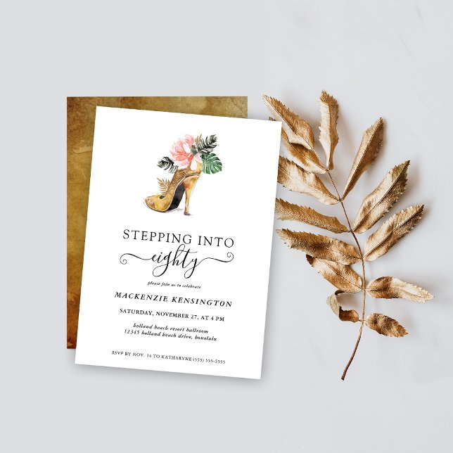 Stepping Into 80 Chic Floral Gold Heels Birthday Invitation (Creator Uploaded)
