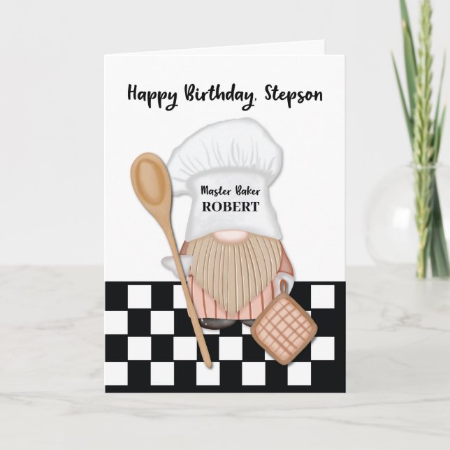 Stepson Birthday Whimsical Gnome Baker Baking Card (Front)