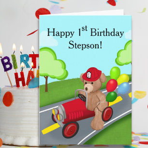 Stepson Happy 1st Birthday Teddy Bear  Firetruck Card