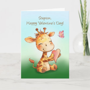 Stepson Valentine Cute Happy Giraffe with Heart Card