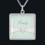 Sterling silver Bat Mitzvah keepsake Sterling Silver Necklace<br><div class="desc">Wonderful keepsake for your daughter as she celebrates her Bat Mitzvah.  Lovely mint green background with a "satin" look bow and star of David.  Easily change name and font if you like on this treasured necklace.</div>