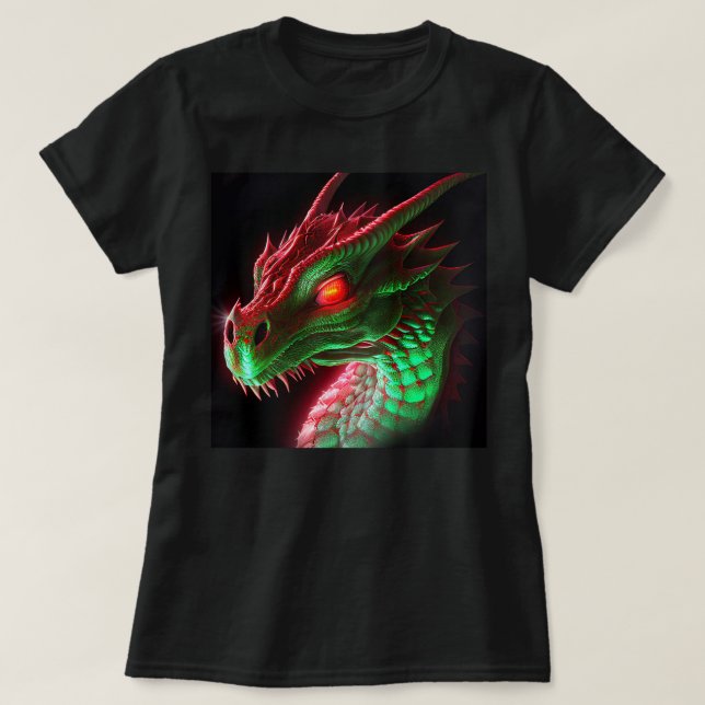 Stern Red and Green Adult Dragon T-Shirt (Design Front)