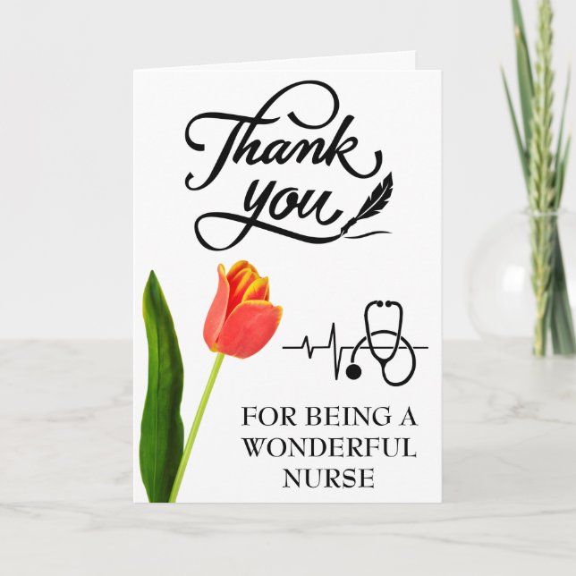 Stethoscope And Orange Tulip Nurse Thank You Card (Front)