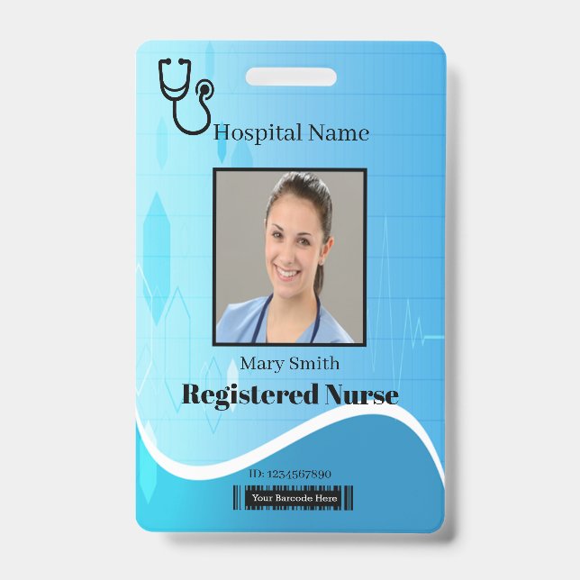 Stethoscope Blue Medical Heartbeat Vertical Photo ID Badge (Front)