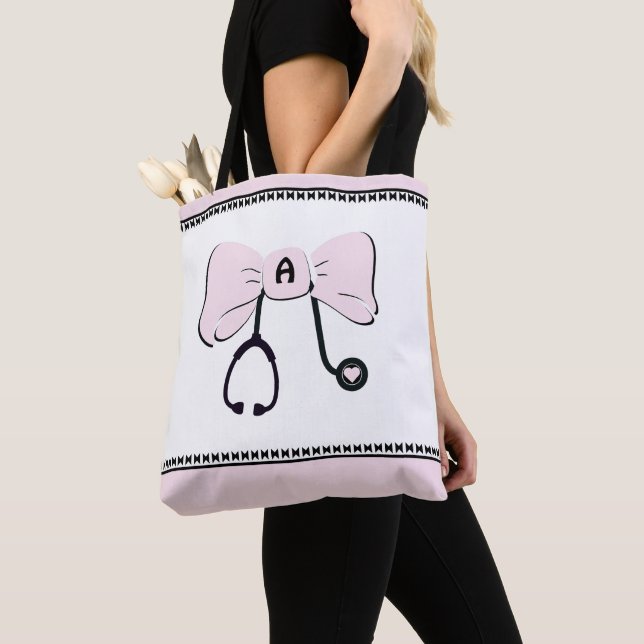 Stethoscope Bow Pale Pink & White Tote Bag (Close Up)