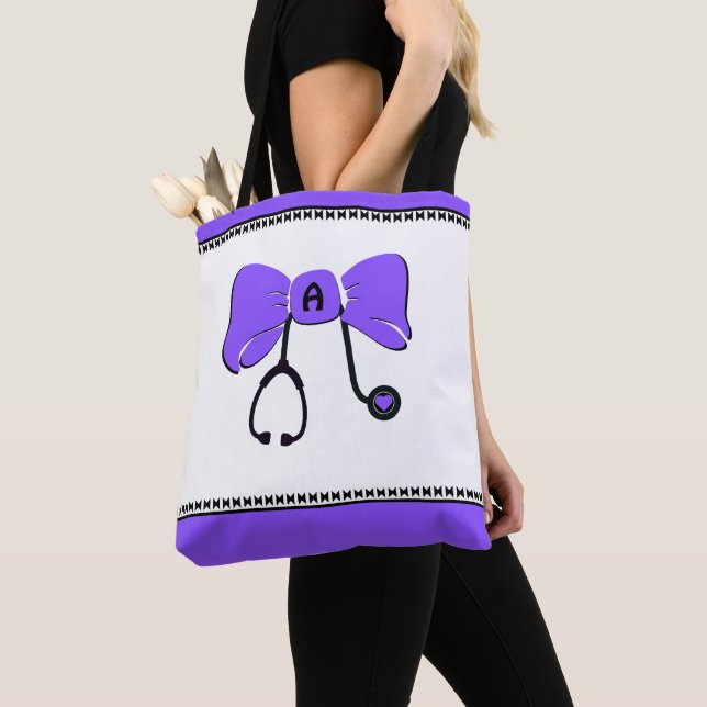 Stethoscope Bow Purple & White Tote Bag (Close Up)