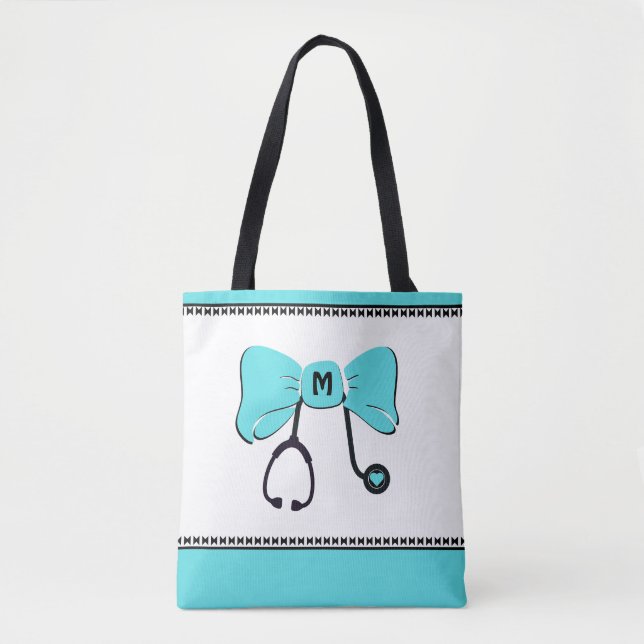 Stethoscope Bow Teal & White Tote Bag (Front)