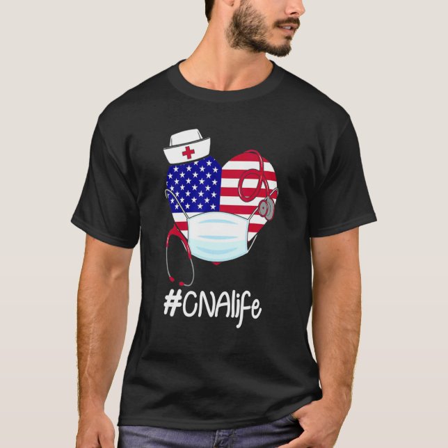 Stethoscope Caps Cna Life Heart American Flag Wear T-Shirt (Front)