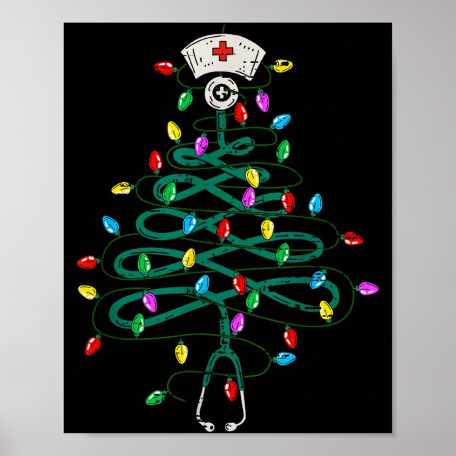 Stethoscope Christmas Tree Lights Nurse Christmas  Poster (Front)