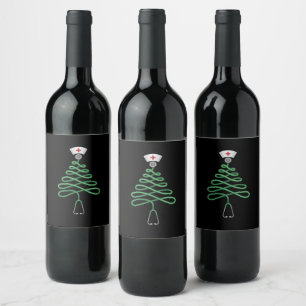 Stethoscope Christmas Tree Nurse Scrub Xmas Wine Label