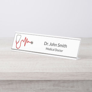 Stethoscope ECG Wave EKG Heartbeat Line Medical Desk Name Plate