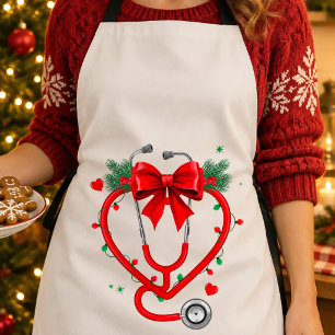 Stethoscope Heart Christmas Nurse Bow Lights Xmas Apron