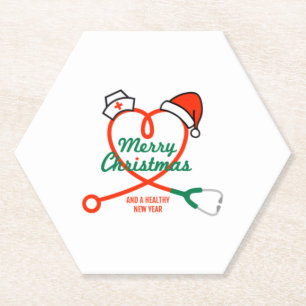 Stethoscope heart with Santa hat Paper Coaster
