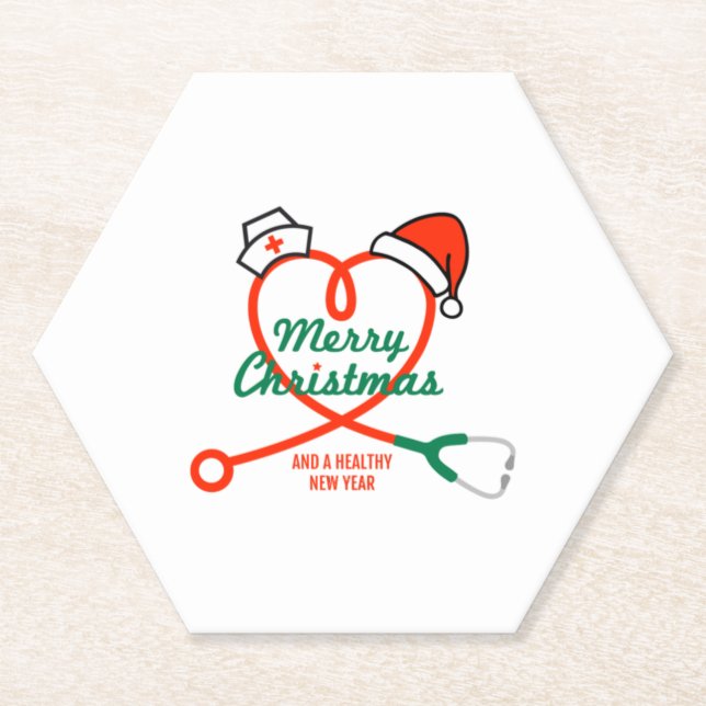Stethoscope heart with Santa hat Paper Coaster (Front)