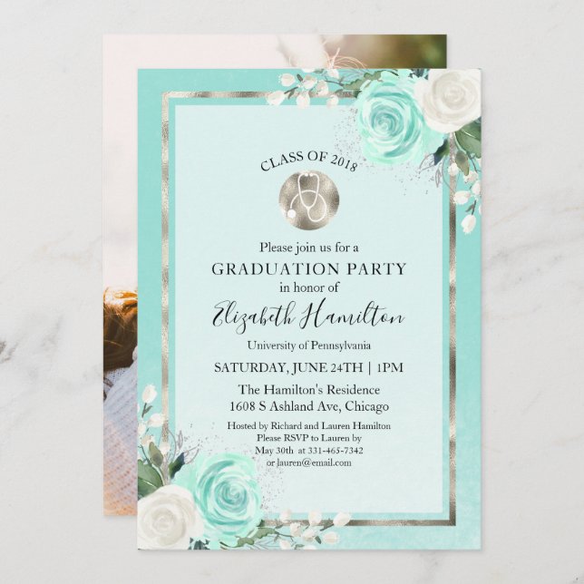 Stethoscope Medical Nursing Grad Party Photo Teal Invitation (Front/Back)