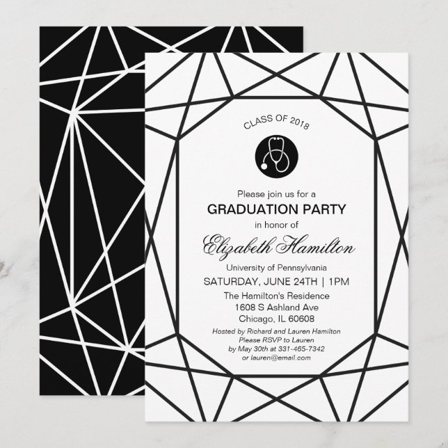 Stethoscope Nursing School Chic Black & White Invitation (Front/Back)