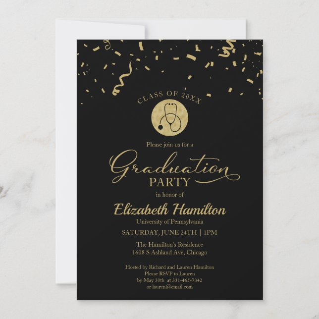 Stethoscope Nursing School Grad Party Gold Black Invitation (Front)
