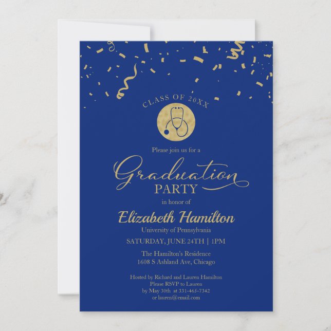 Stethoscope Nursing School Grad Party Gold Blue Invitation (Front)