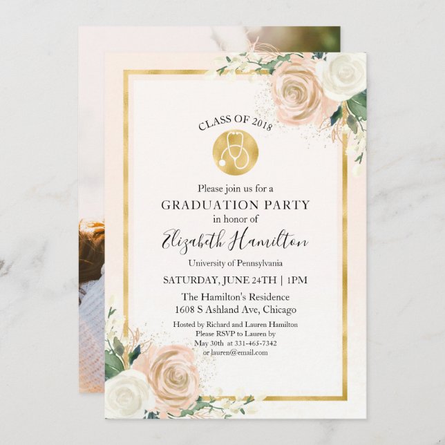 Stethoscope Nursing School Grad Party Photo Floral Invitation (Front/Back)