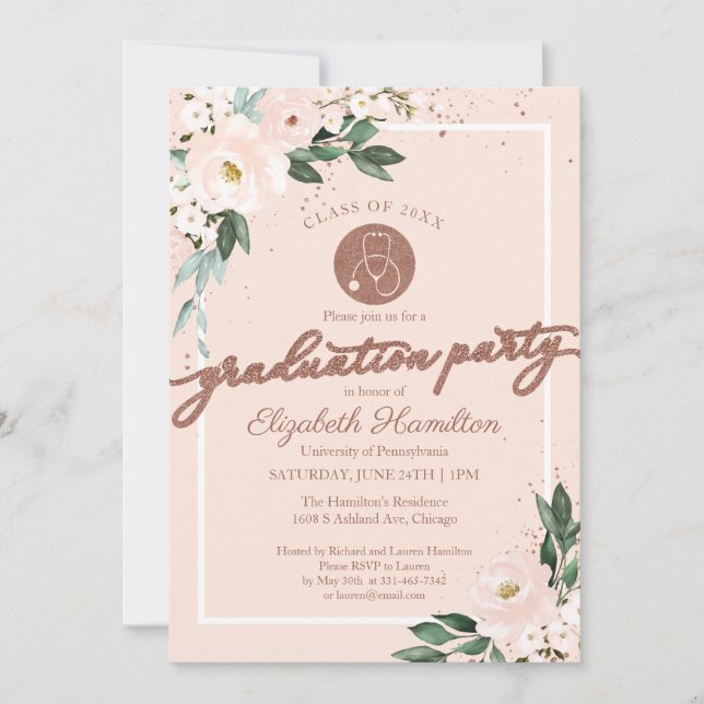 Stethoscope Nursing School Grad Party Pink Floral  Invitation (Front)