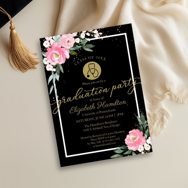 Stethoscope Nursing School Grad Party Pink Floral  Invitation (Creator Uploaded)