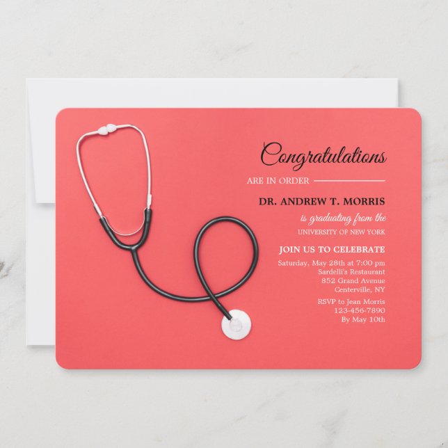 Stethoscope on Red Graduation Invitation (Front)