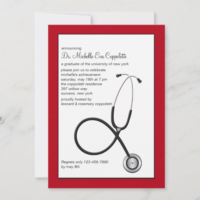 Stethoscope with Red Border Medical Graduation Inv Invitation (Front)