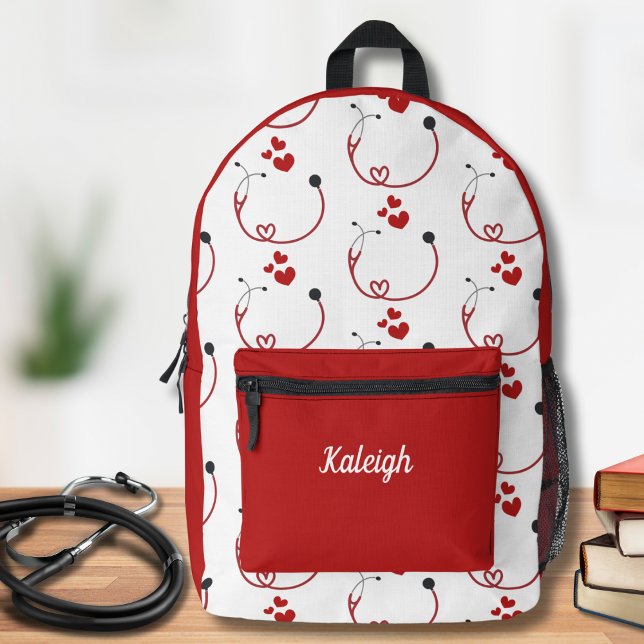 Stethoscopes and Hearts Monogram  Printed Backpack (Creator Uploaded)