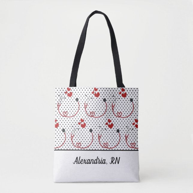 Stethoscopes, Hearts and Polka Dots Signature Tote Bag (Front)
