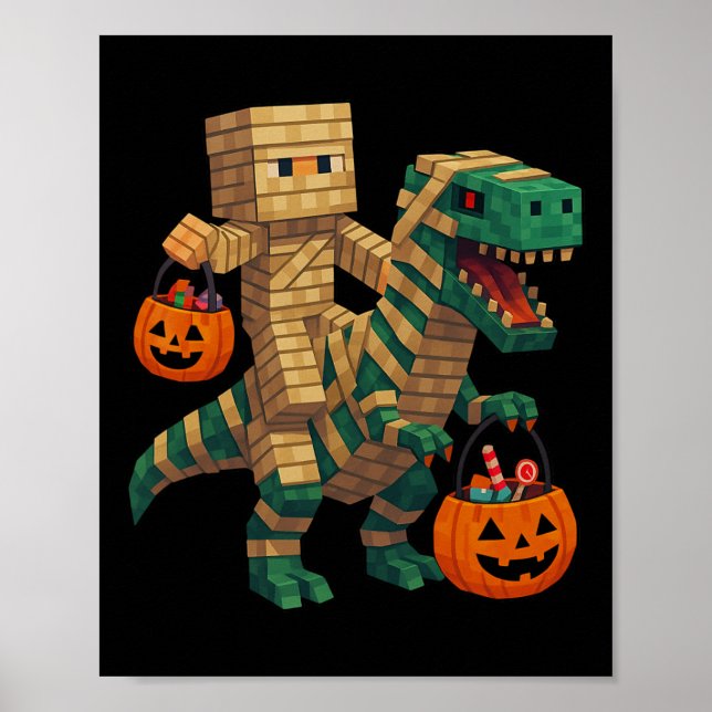 Steve Riding Mummy Dinosaur T Rex Halloween Funny  Poster (Front)