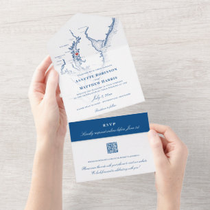 Stevensville MD Chesapeake Map Navy Blue Wedding All In One Invitation