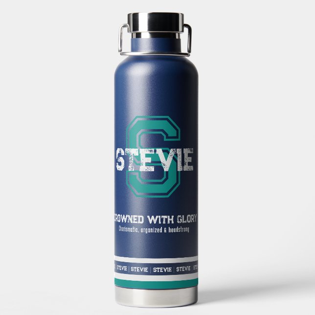 Stevie name meaning sports monogram teal water bottle (Back)