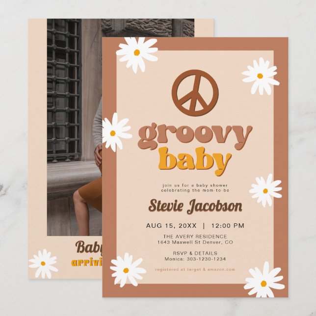 STEVIE Retro 70s Daisy Peace Groovy Baby Shower Invitation (Front/Back)