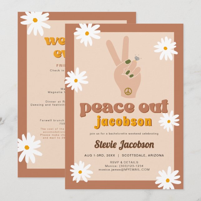 STEVIE Retro 70s Daisy Peace Out Bachelorette Invi Invitation (Front/Back)