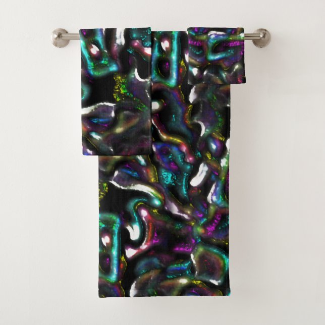 Stew of coloured and twisted metallic shapes? bath towel set (Insitu)