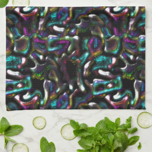 Stew of coloured and twisted metallic shapes? tea towel