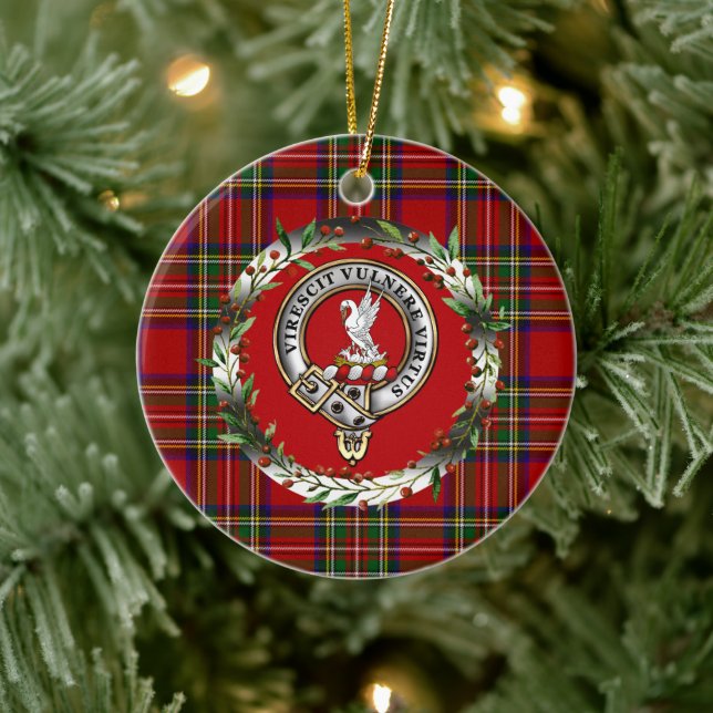 Stewart Clan Badge & Tartan Personalized Xmas Ceramic Ornament (Tree)
