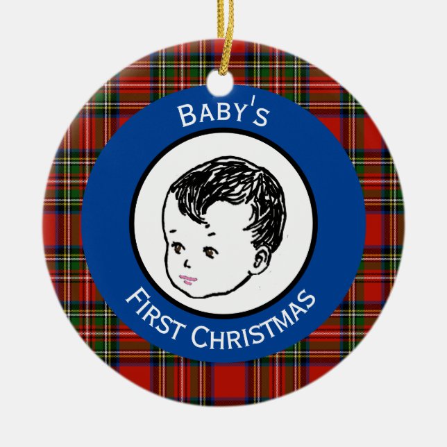 Stewart Plaid Black Hair Baby's First Christmas Ceramic Ornament (Front)