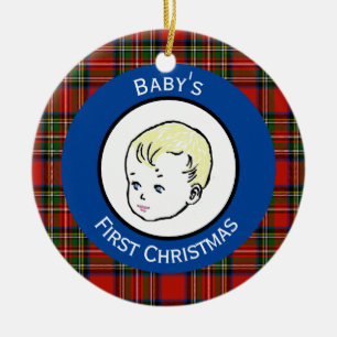 Stewart Plaid Blonde Hair Baby's First Christmas Ceramic Ornament