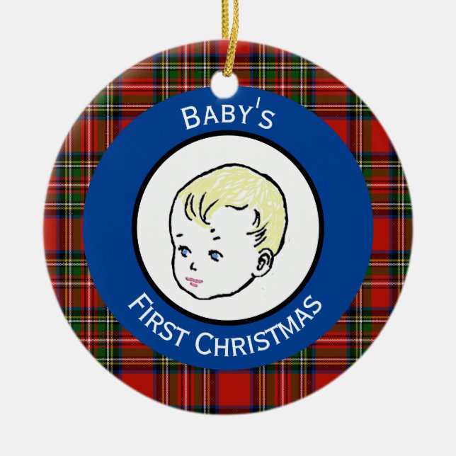 Stewart Plaid Blonde Hair Baby's First Christmas Ceramic Ornament (Front)