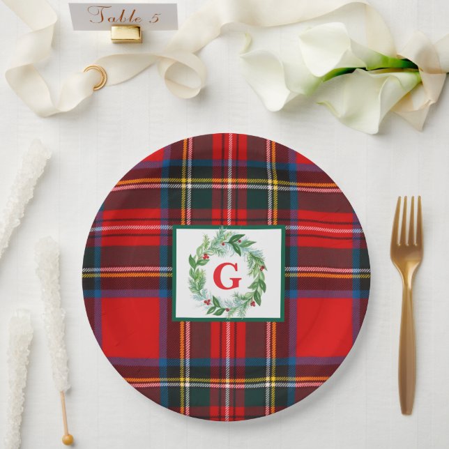 Stewart Xmas Plaid MONOGRAM Handpainted Wreath Paper Plate (Wedding)