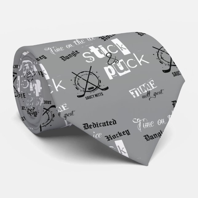Stick and Puck Time Hockey Coach on silver grey Tie (Rolled)