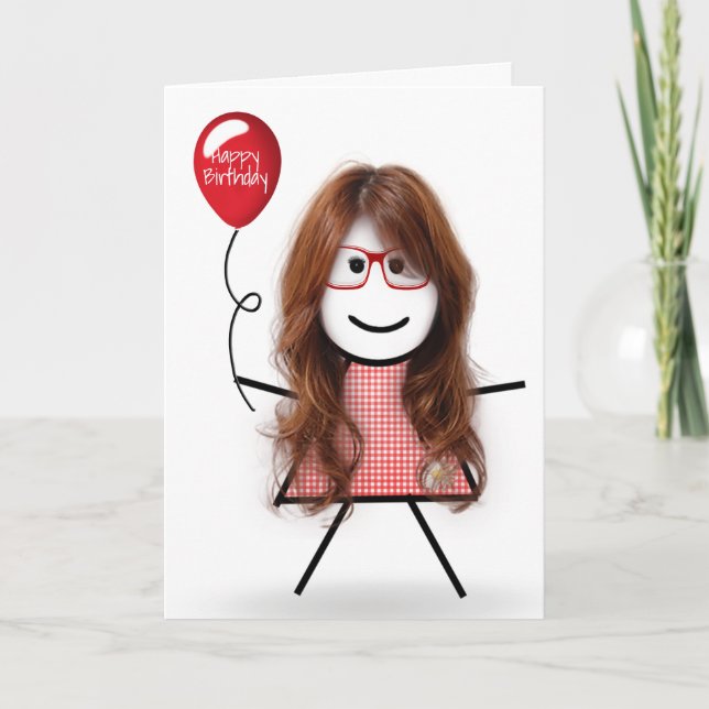 Stick Birthday Gingham Girl with Red Balloon Card (Front)