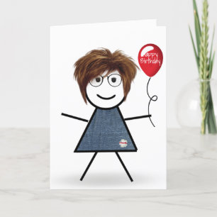 Stick Birthday Girl with Balloon Card