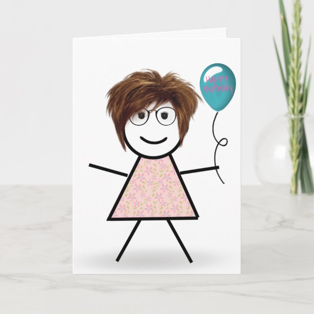Stick Birthday Girl with Balloon Card (Front)