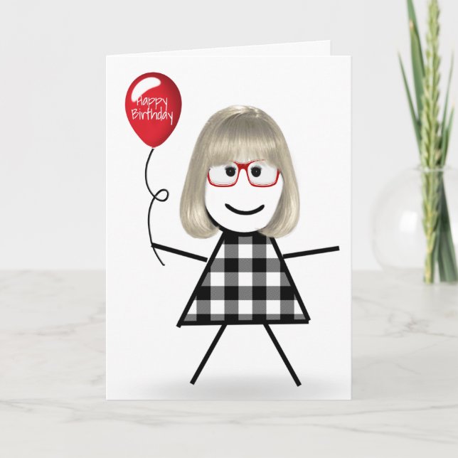 Stick Birthday Girl with Red Balloon Card (Front)