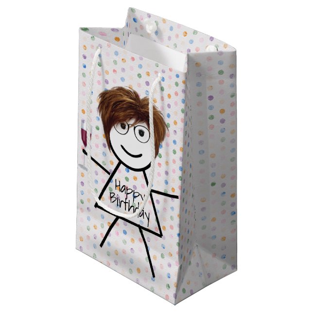 Stick Birthday Girl with Wine Glass   Small Gift Bag (Front Angled)