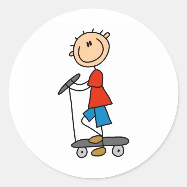 Stick Boy on Scooter Classic Round Sticker (Front)