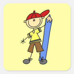 Stick Boy With Pencil Square Sticker
