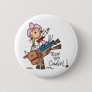Stick  Cowgirl Riding Bull Button